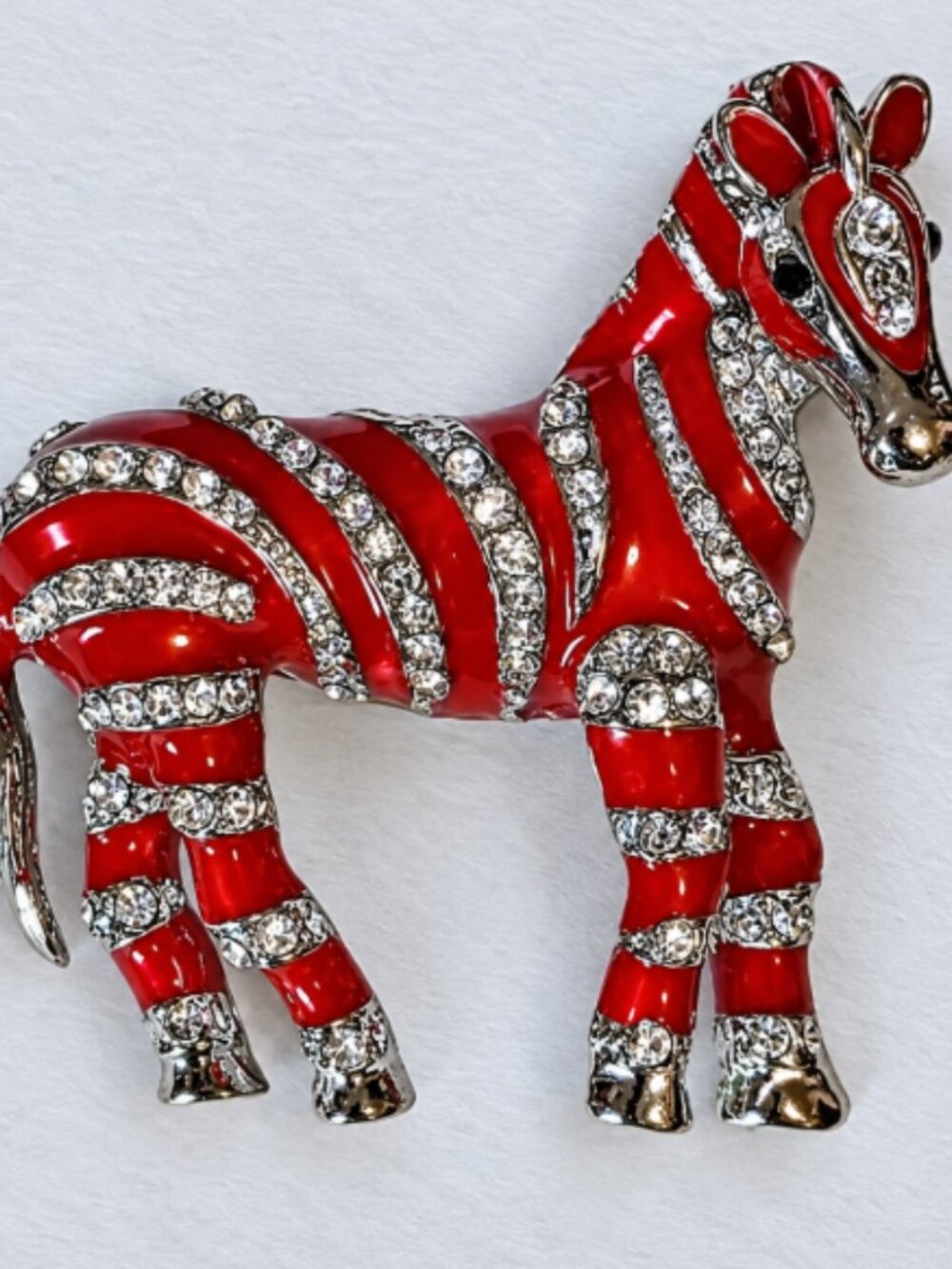 Red Enamel & Rhinestone Zebra Brooch on Silver Tone Metal